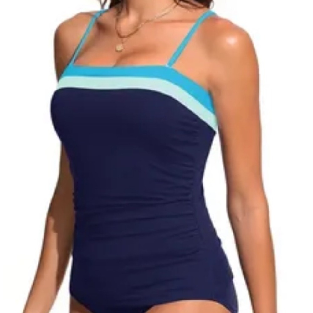 Daci Tankini Top Ruched Colorblock Blue Size S Coastal Beachy Nautical Modern